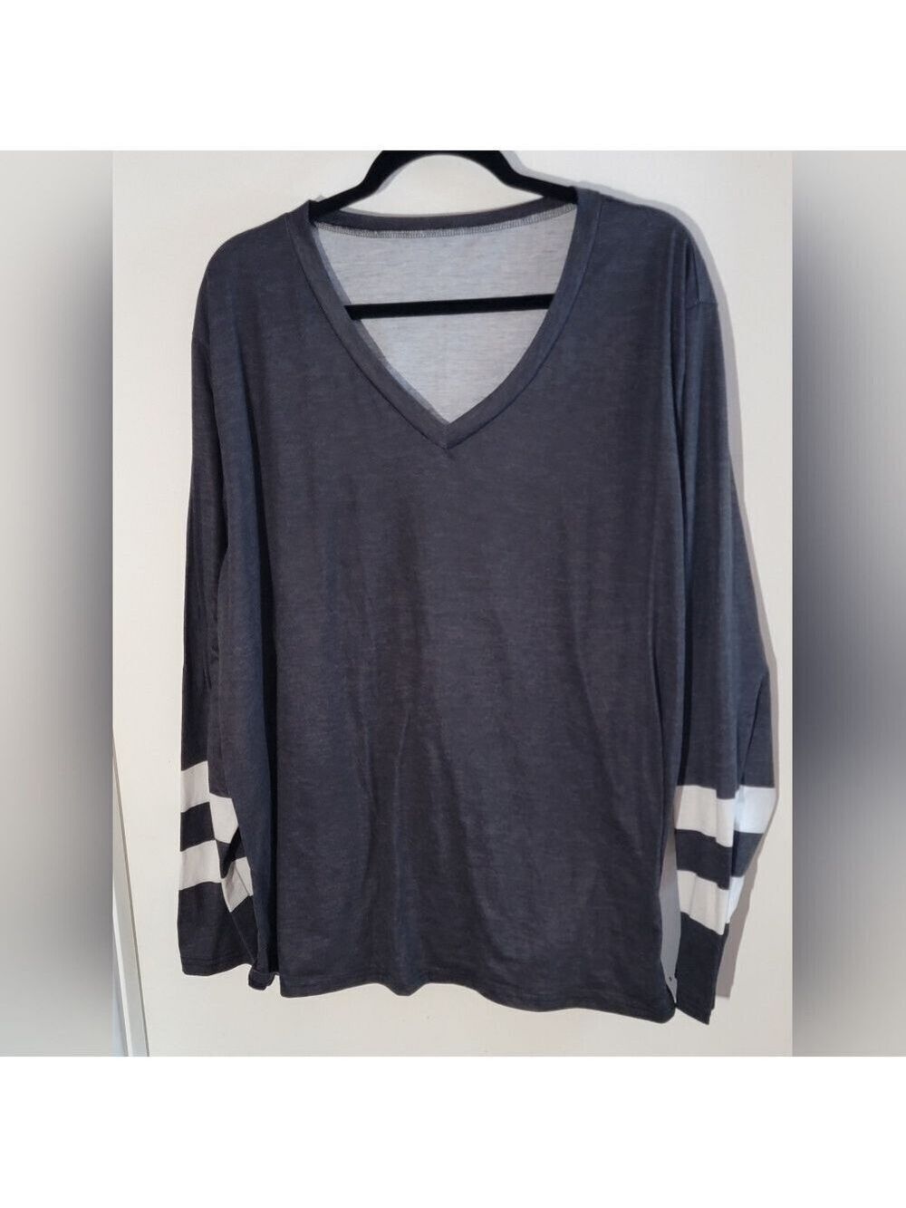 Charcoal V-Neck Long Sleeve Top with White Stripes - Fits Like 3X